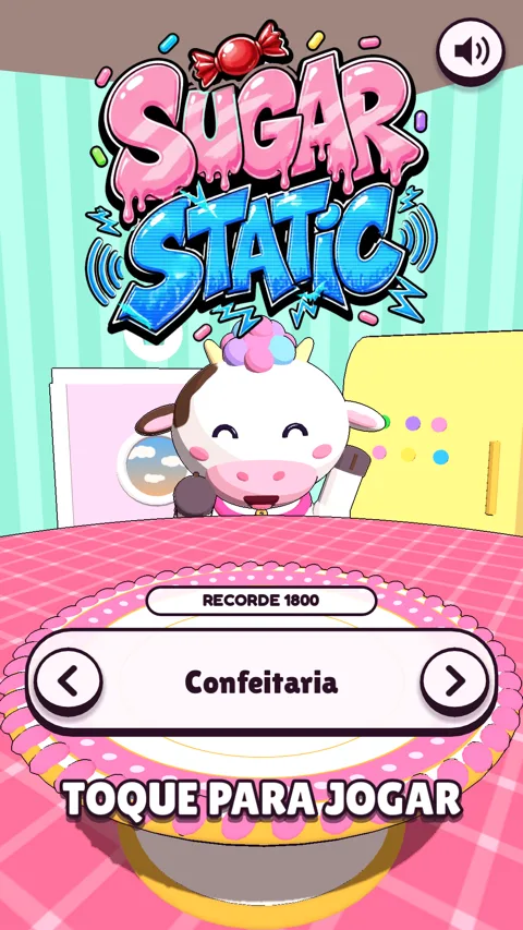 Tela de título do Sugar Static com a vaquinha Glace atrás do prato